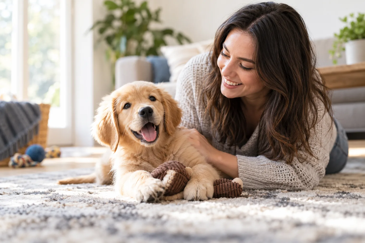 Owner resting beside a dog at home