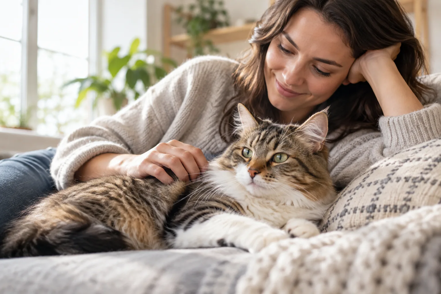 Owner resting with a cat on a sofa